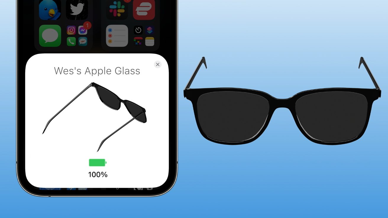 iPhone screen showing connection status for Wes's Apple Glass at 100 percent battery, next to a pair of black smart glasses on a blue gradient background