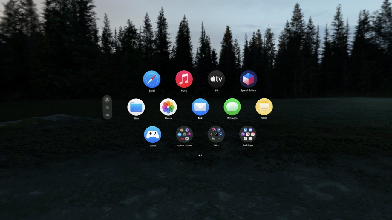 Virtual reality home screen showing floating circular app icons arranged in rows against a dark outdoor forest background at dusk, with trees silhouetted and subtle ground details visible