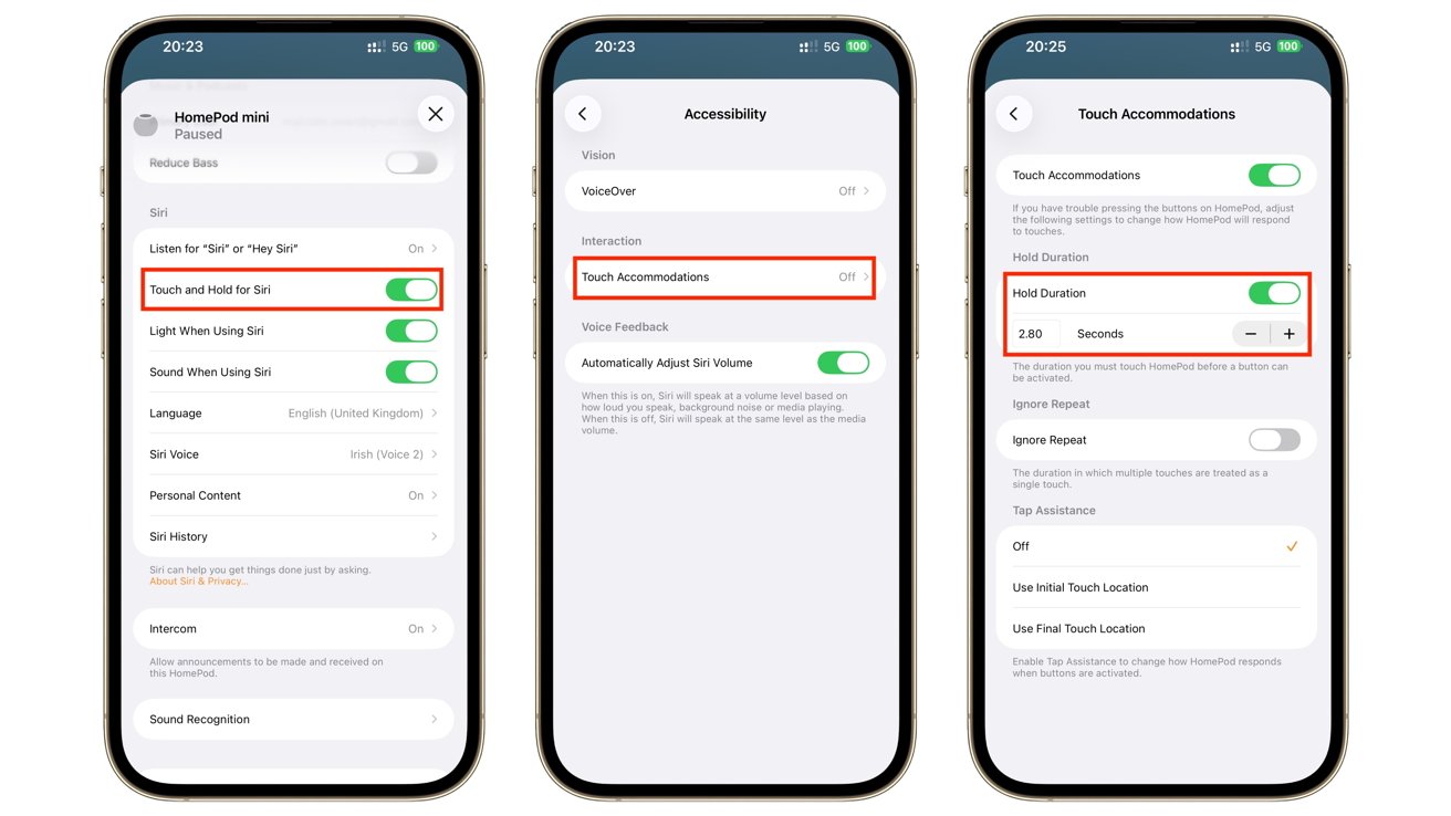 Three smartphone screens display iOS Accessibility settings, highlighting Touch and Hold for Siri and Touch Accommodations options, including Hold Duration enabled and set to two seconds for easier touch control