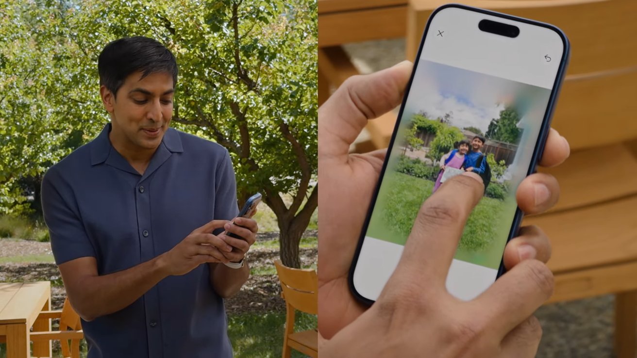 Man standing outdoors using a smartphone, alongside a close-up of hands zooming into a family photo on the phone screen, with wooden chairs and green trees in the background