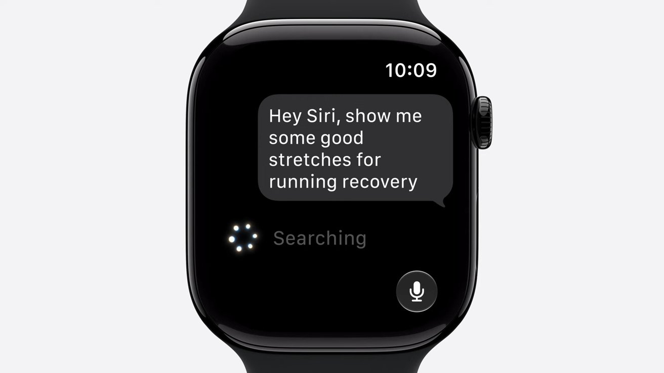 Apple Watch screen showing a Siri request message asking for good stretches for running recovery, with a Searching indicator and microphone icon on a black watch face against a light background