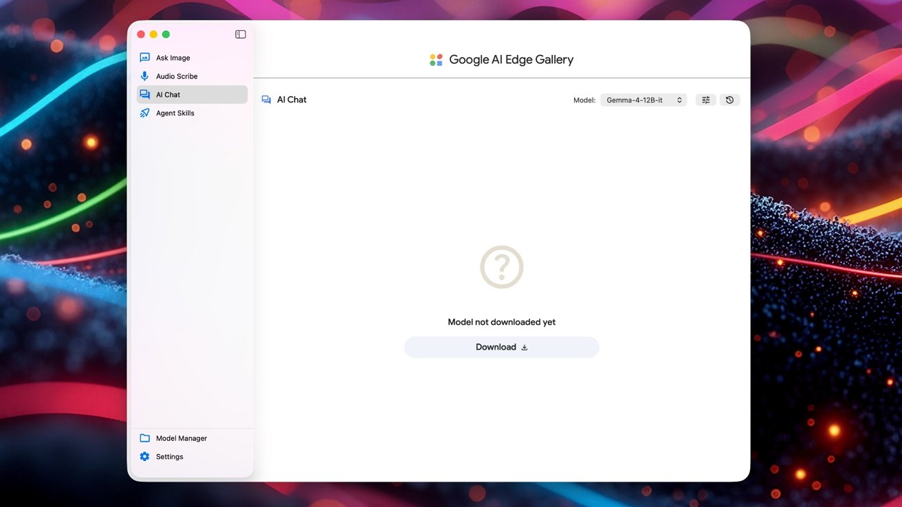 Desktop window titled Google AI Edge Gallery showing an AI Chat module not yet downloaded, with a centered download button, over a colorful abstract background of neon waves and sparkles