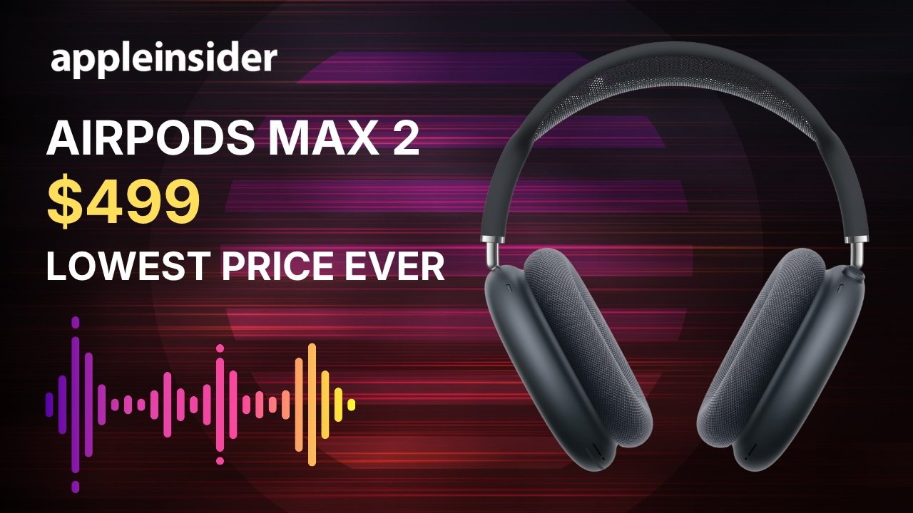 AirPods Max 2 headphones with bold text stating 499 lowest price ever on a dark background with colorful soundwave graphic