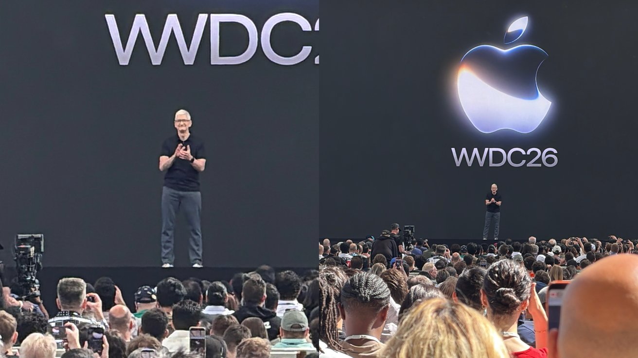 Apple CEO standing on a large stage at WWDC, speaking to a packed audience, with a giant Apple logo and the text WWDC24 displayed on the big screen behind him