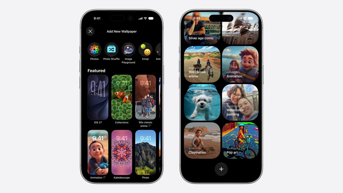 Two smartphones displaying customizable wallpaper and photo widgets, showing colorful nature scenes, pets, and people, with interface options for adding new wallpapers and organizing featured photos