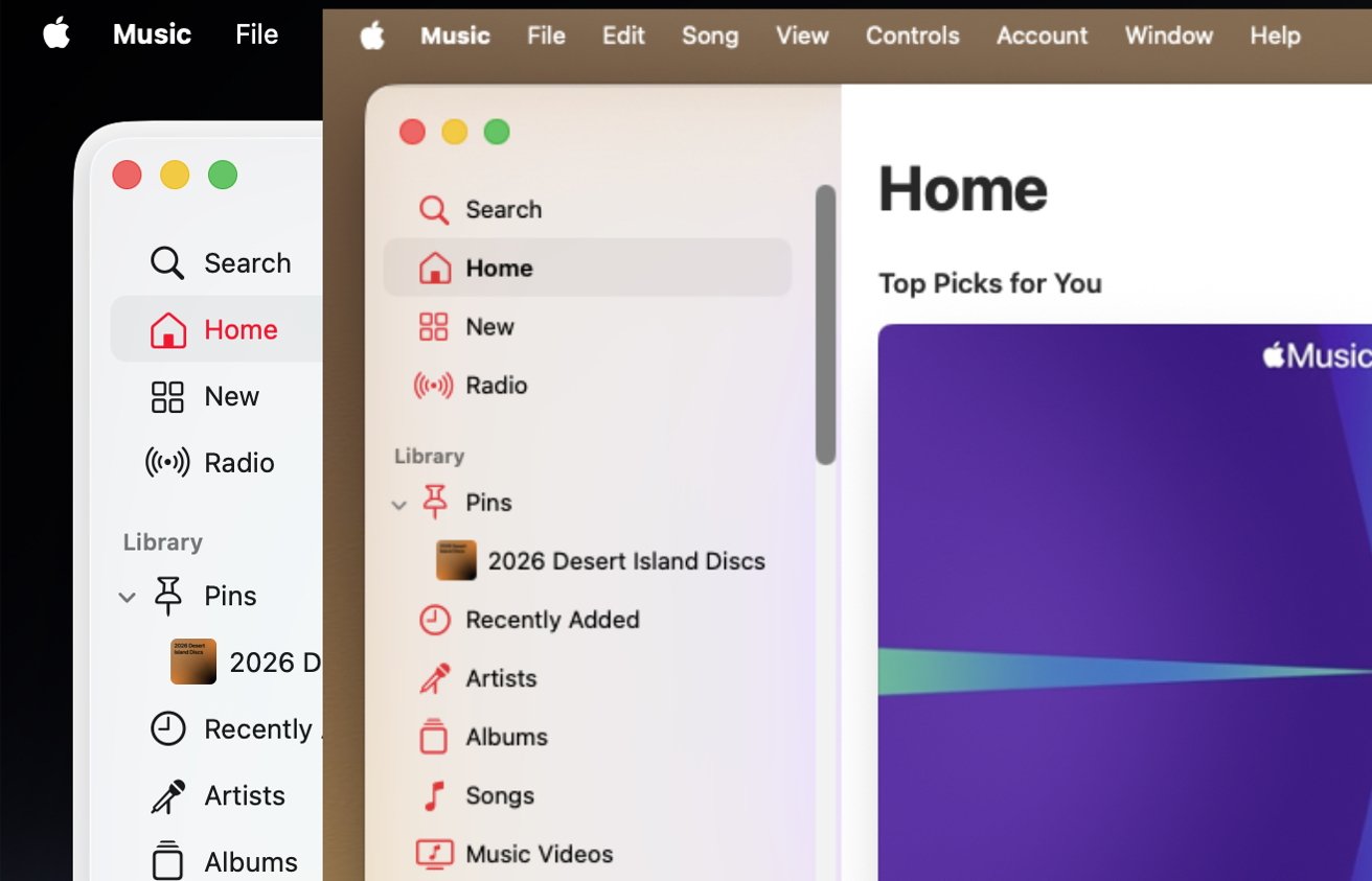 macOS Apple Music app windows side by side, one in dark mode and one in light mode, showing Home sidebar navigation and library items like Pins, Artists, Albums, and Songs