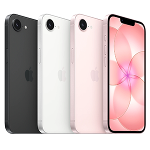 iPhone 17e phones in Black, White, and Soft Pink side by side