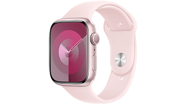 Apple Watch Series 9 with pink aluminum case and pink Sport Band